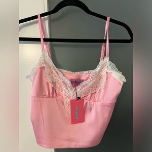 Pink and white lace satin cami crop top - Edikted